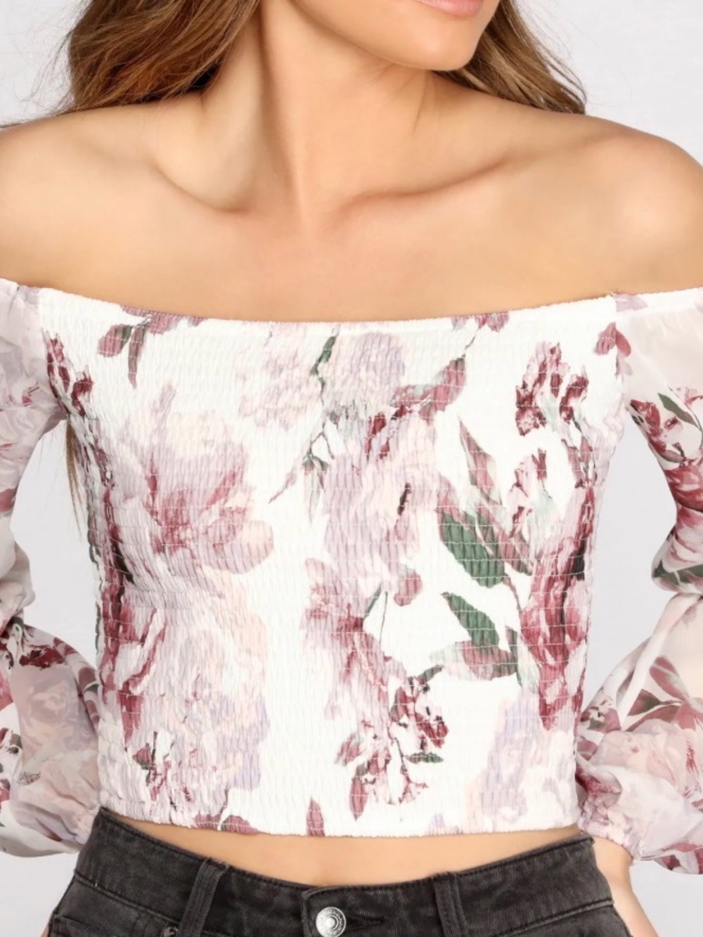 Windsor Floral Off-Shoulder Smocked Crop Top - Pink Lavender